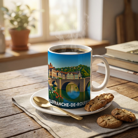 Mug souvenir de la ville de Villefranche-de-Rouergue avec une illustration stylisée.