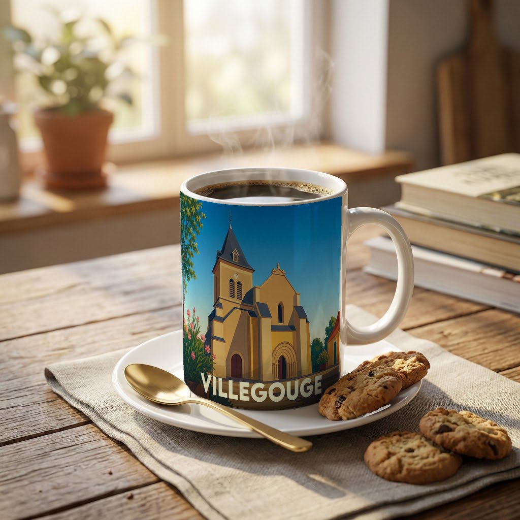 Mug souvenir de la ville de Villegouge orné d'une illustration stylisée de son église.