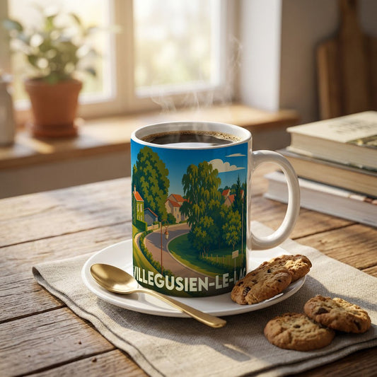 Mug souvenir de la ville de Villegusien-le-Lac orné d'une illustration paysagère stylisée.