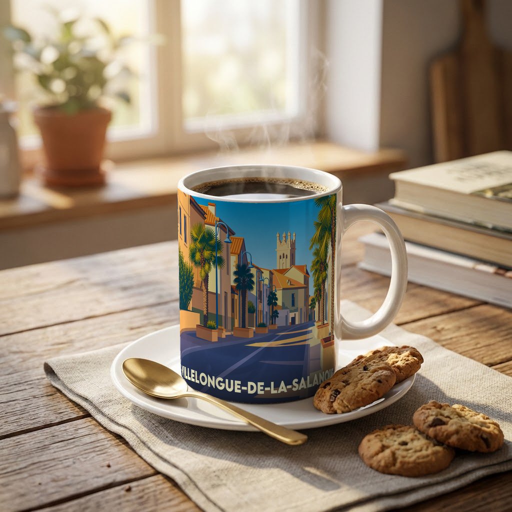 Mug souvenir de Villelongue-de-la-Salanque avec une illustration stylisée d'une rue ensoleillée.