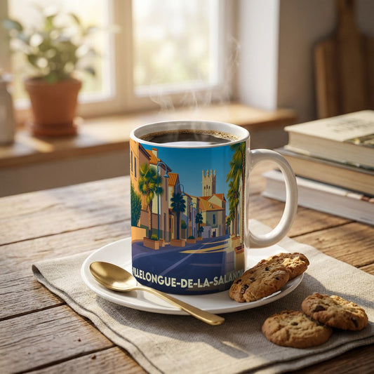 Mug souvenir de Villelongue-de-la-Salanque avec une illustration stylisée d'une rue ensoleillée.