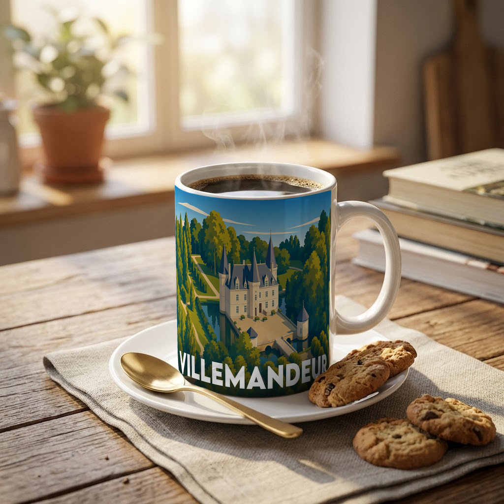 Mug souvenir de la ville de Villemandeur orné d'une illustration stylisée de son château.