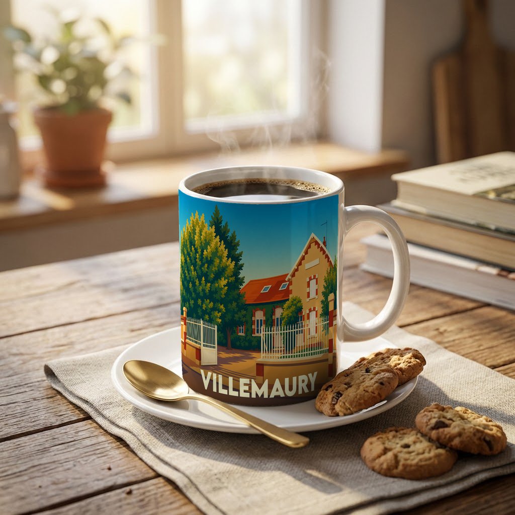 Mug souvenir de la ville de Villemaury avec une illustration colorée d'une maison traditionnelle.