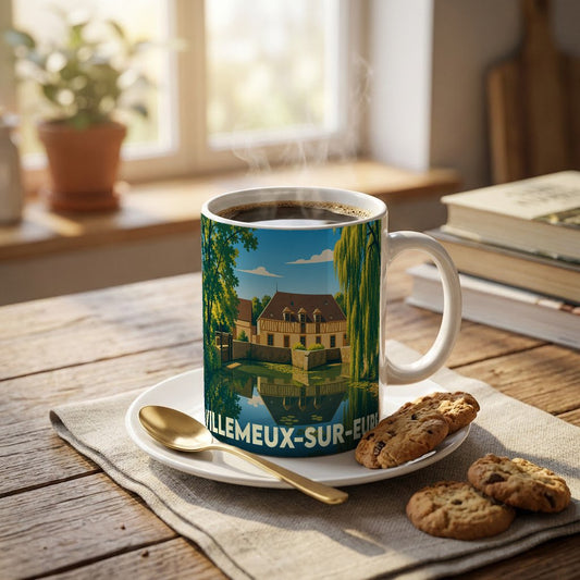 Mug souvenir de la ville de Villemeux-sur-Eure avec une illustration stylisée d'un moulin au bord de l'eau.