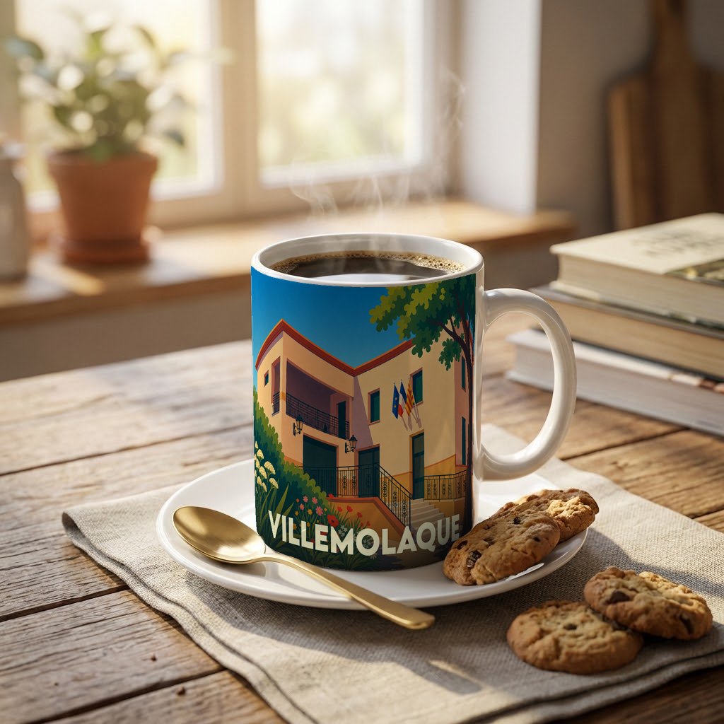 Mug souvenir de la ville de Villemolaque orné d'une illustration stylisée de sa mairie.