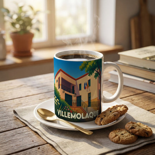Mug souvenir de la ville de Villemolaque orné d'une illustration stylisée de sa mairie.