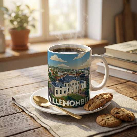 Mug souvenir de la ville de Villemomble avec une illustration stylisée.
