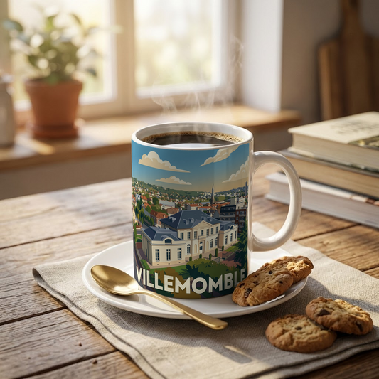 Mug souvenir de la ville de Villemomble avec une illustration stylisée.