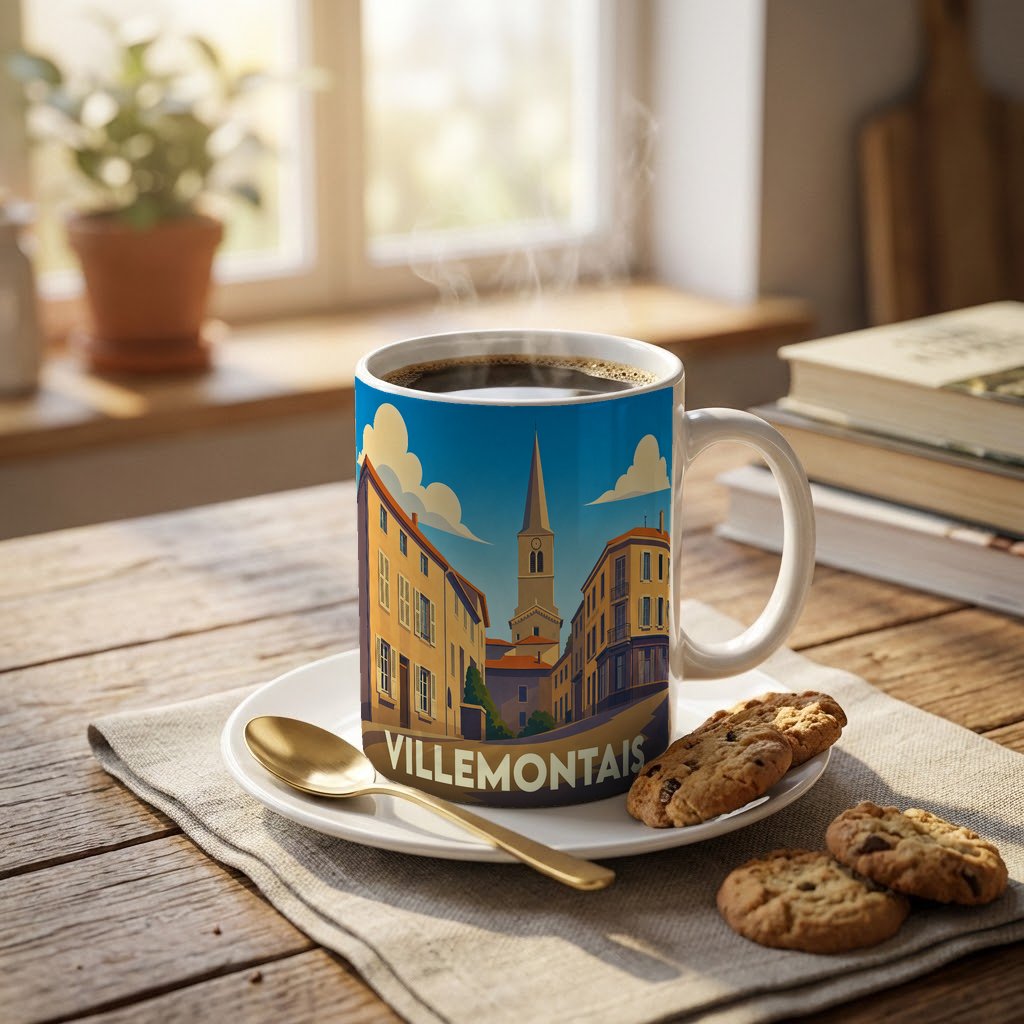 Mug souvenir de la ville de Villemontais orné d'une illustration stylisée de son clocher et de ses bâtiments.