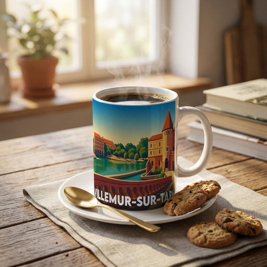 Mug souvenir de la ville de Villemur-sur-Tarn illustré d'un paysage urbain coloré au bord de l'eau.