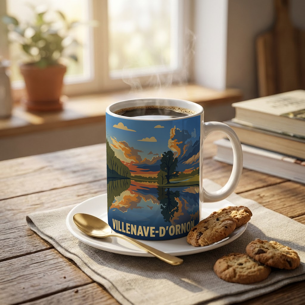 Mug souvenir de la ville de Villenave-d'Ornon avec une illustration de paysage stylisée.