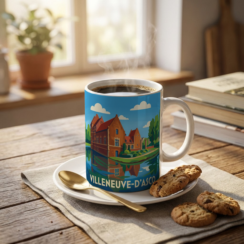 Mug souvenir de la ville de Villeneuve-d'Ascq avec une illustration stylisée.