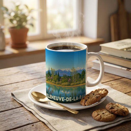 Mug souvenir de Villeneuve-de-la-Raho avec une illustration stylisée de son lac et des montagnes.