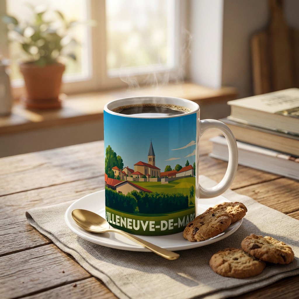 Mug souvenir de la ville de Villeneuve-de-Marc avec une illustration stylisée d'un paysage de village.