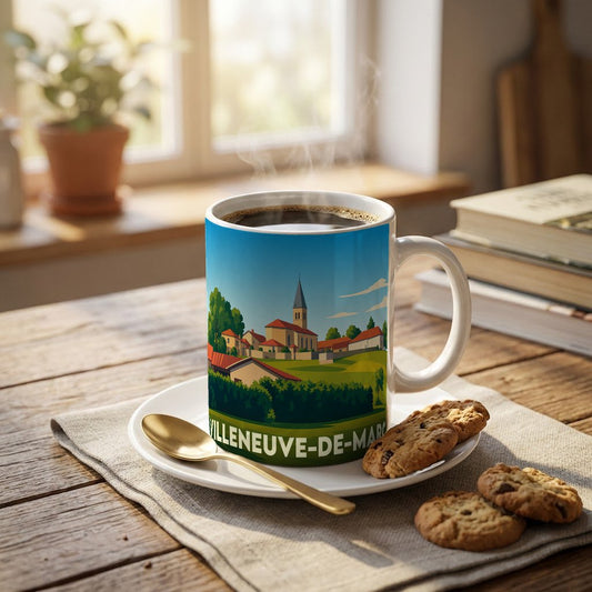 Mug souvenir de la ville de Villeneuve-de-Marc avec une illustration stylisée d'un paysage de village.