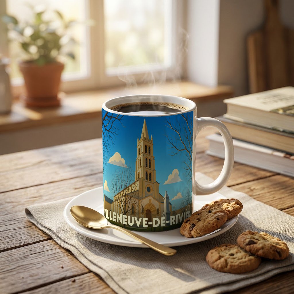 Mug souvenir de la ville de Villeneuve-de-Rivière avec une illustration stylisée de son église.