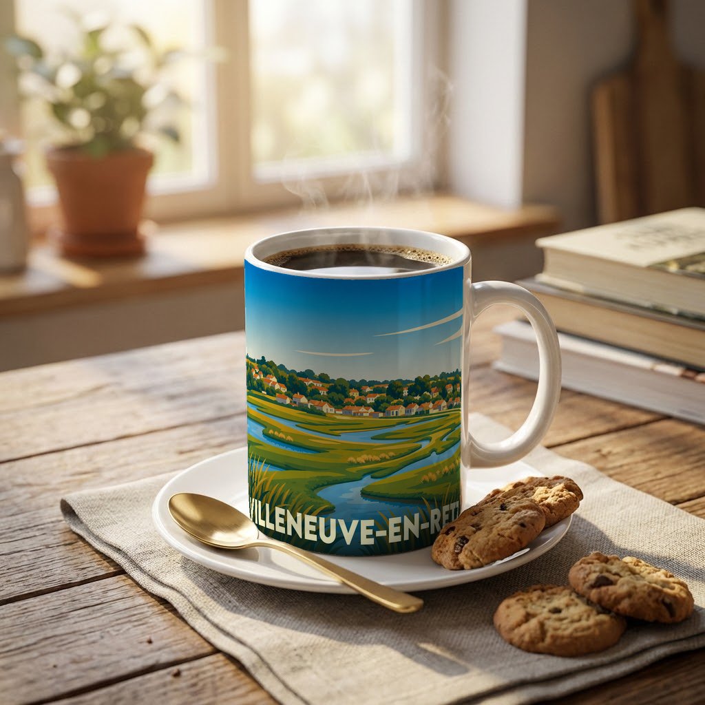Mug souvenir de la ville de Villeneuve-en-Retz avec une illustration stylisée d'un paysage de marais.