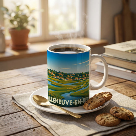Mug souvenir de la ville de Villeneuve-en-Retz avec une illustration stylisée d'un paysage de marais.