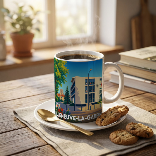 Mug souvenir de la ville de Villeneuve-la-Garenne avec une illustration stylisée.