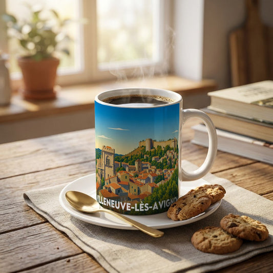 Mug souvenir de la ville de Villeneuve-lès-Avignon avec une illustration stylisée.