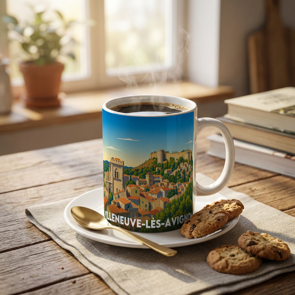 Mug souvenir de la ville de Villeneuve-lès-Avignon avec une illustration stylisée.