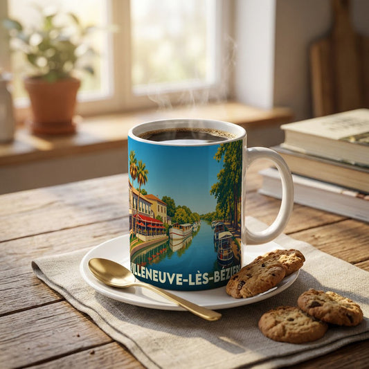 Mug souvenir de la ville de Villeneuve-lès-Béziers orné d'une illustration colorée du canal du Midi.