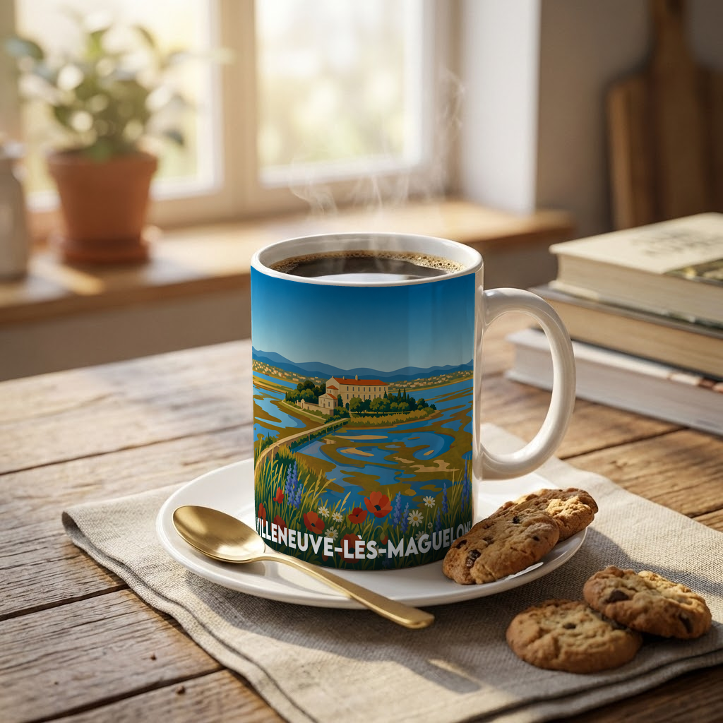 Mug souvenir de la ville de Villeneuve-lès-Maguelone avec une illustration stylisée de sa cathédrale et de ses étangs.