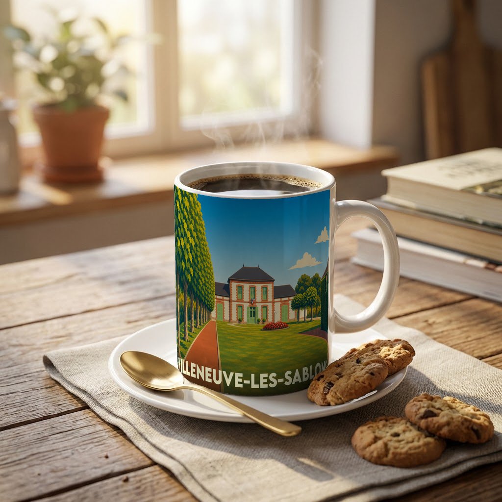 Mug souvenir de la ville de Villeneuve-les-Sablons avec une illustration stylisée de son patrimoine.