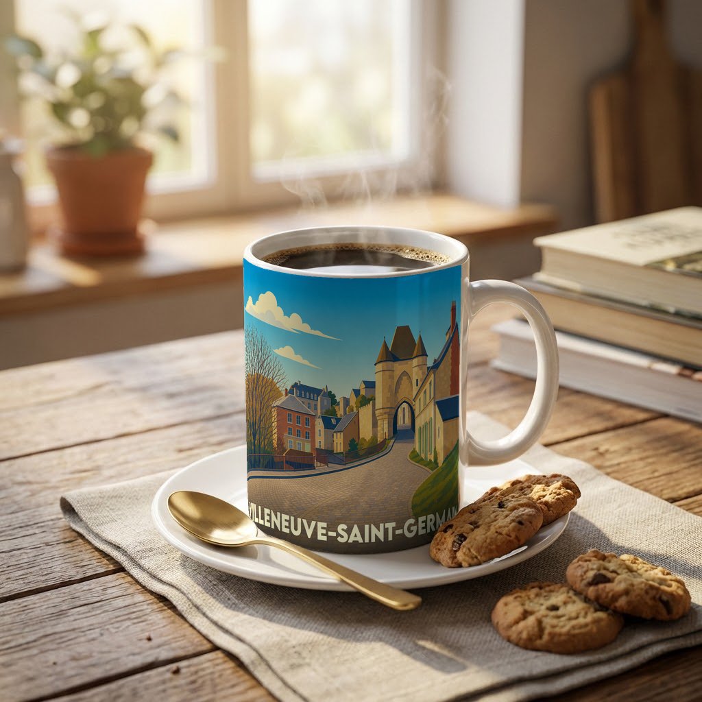 Mug souvenir de la ville de Villeneuve-Saint-Germain orné d'une illustration stylisée de son patrimoine architectural.