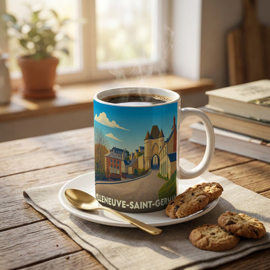 Mug souvenir de la ville de Villeneuve-Saint-Germain orné d'une illustration stylisée de son patrimoine architectural.