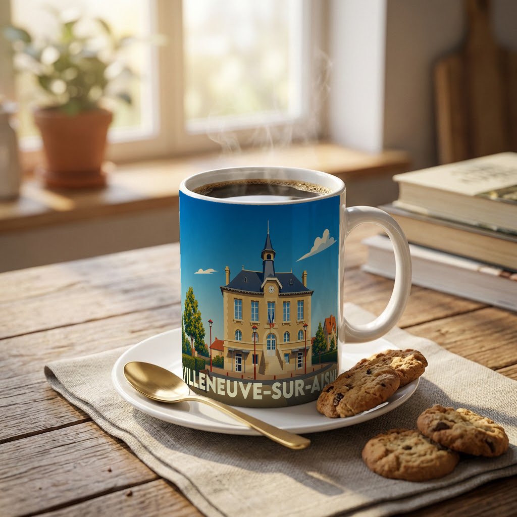 Mug souvenir de la ville de Villeneuve-sur-Aisne avec une illustration stylisée de son hôtel de ville.