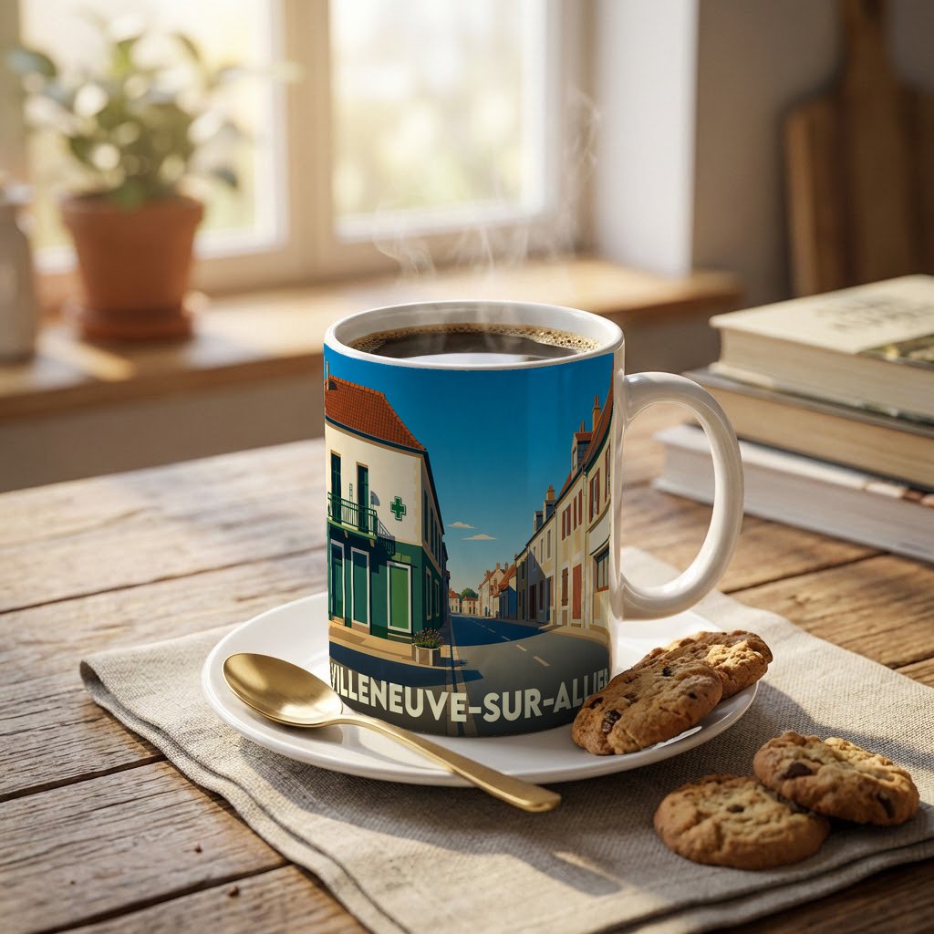 Mug souvenir de la ville de Villeneuve-sur-Allier avec une illustration stylisée.