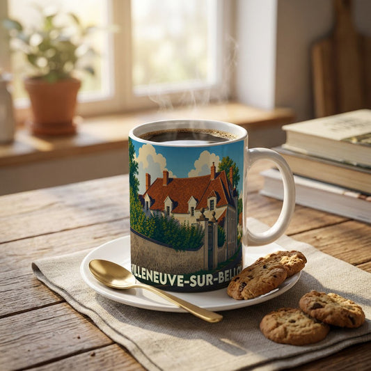 Mug souvenir de la ville de Villeneuve-sur-Bellot illustré par une maison bourgeoise traditionnelle.