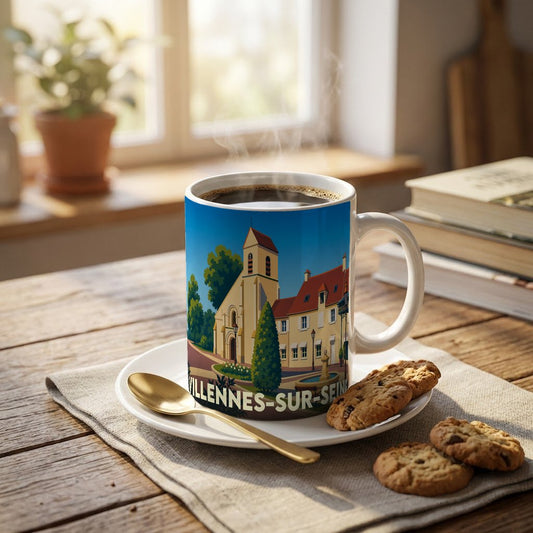 Mug souvenir de la ville de Villennes-sur-Seine avec une illustration stylisée.