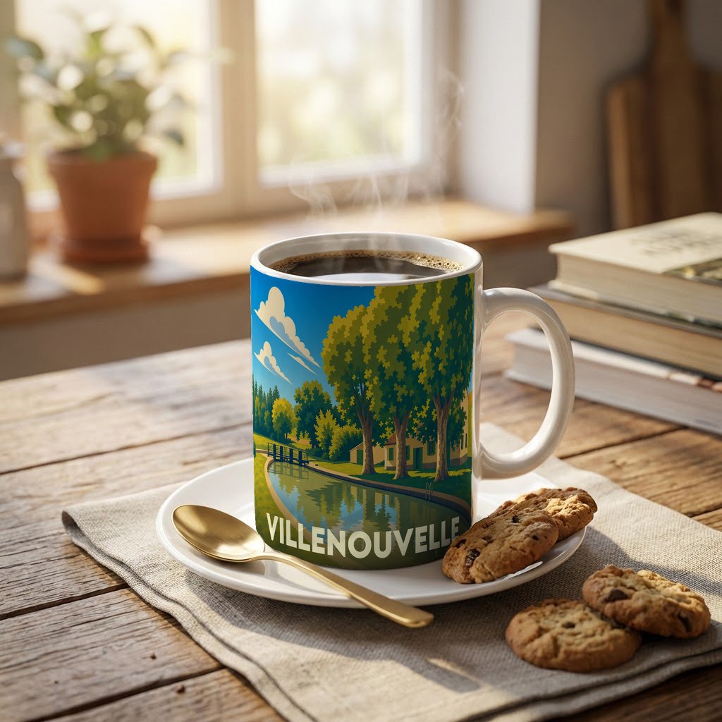 Mug souvenir de la ville de Villenouvelle orné d'une illustration stylisée d'un canal et de grands arbres.