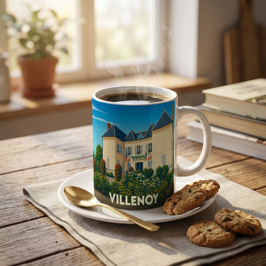 Mug souvenir de la ville de Villenoy orné d'une illustration stylisée de son hôtel de ville.