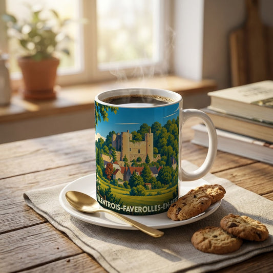 Mug souvenir de la ville de Villentrois-Faverolles-en-Berry avec une illustration stylisée de son château.