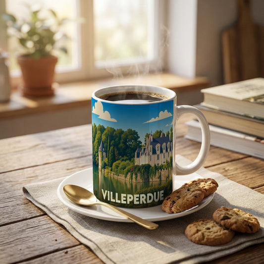 Mug souvenir de la ville de Villeperdue orné d'une illustration stylisée représentant un château au bord de l'eau.