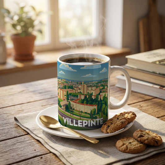Mug souvenir de la ville de Villepinte avec une illustration stylisée de son paysage urbain.