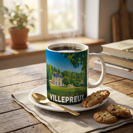 Mug souvenir de la ville de Villepreux avec une illustration stylisée d'un domaine arboré.