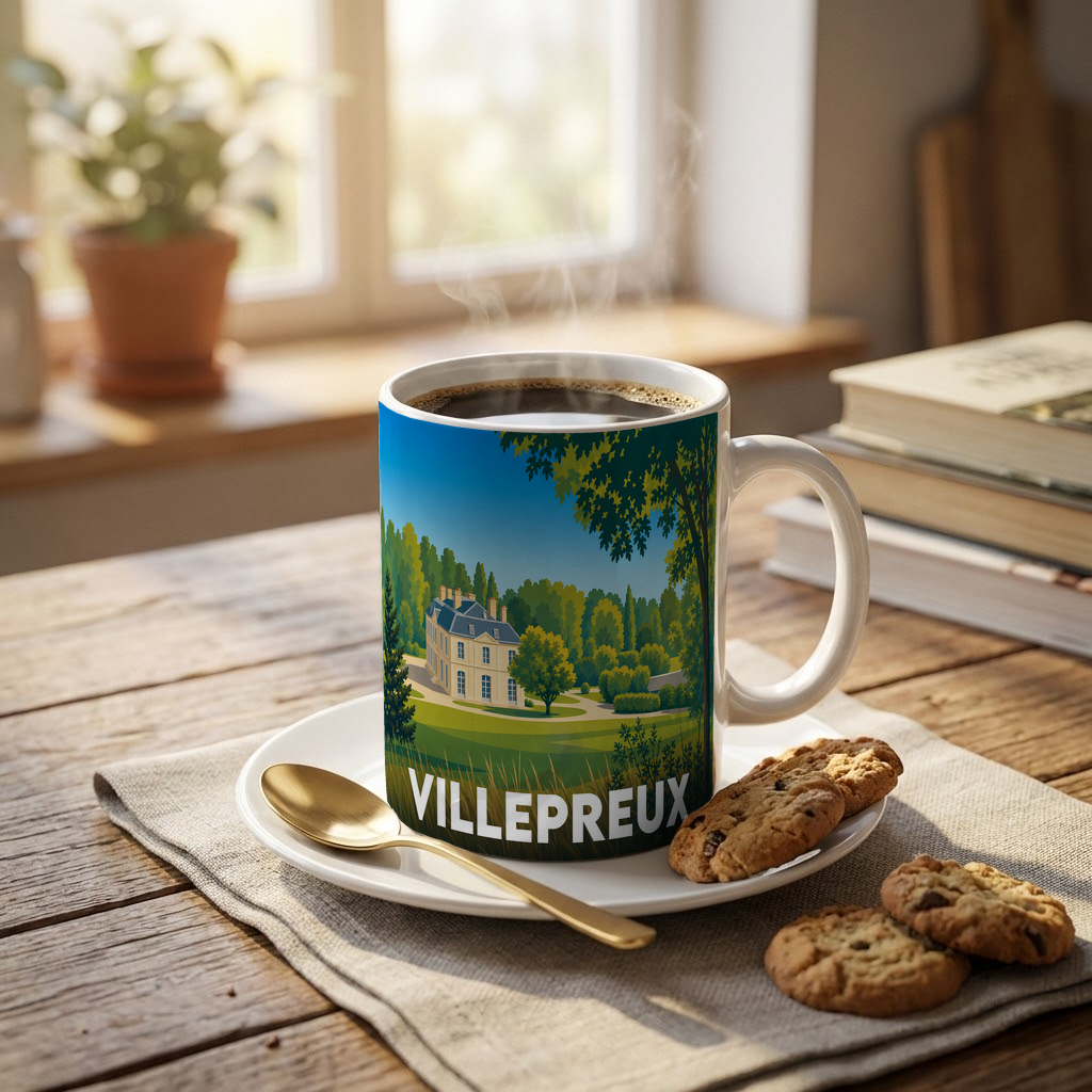 Mug souvenir de la ville de Villepreux avec une illustration stylisée d'un domaine arboré.