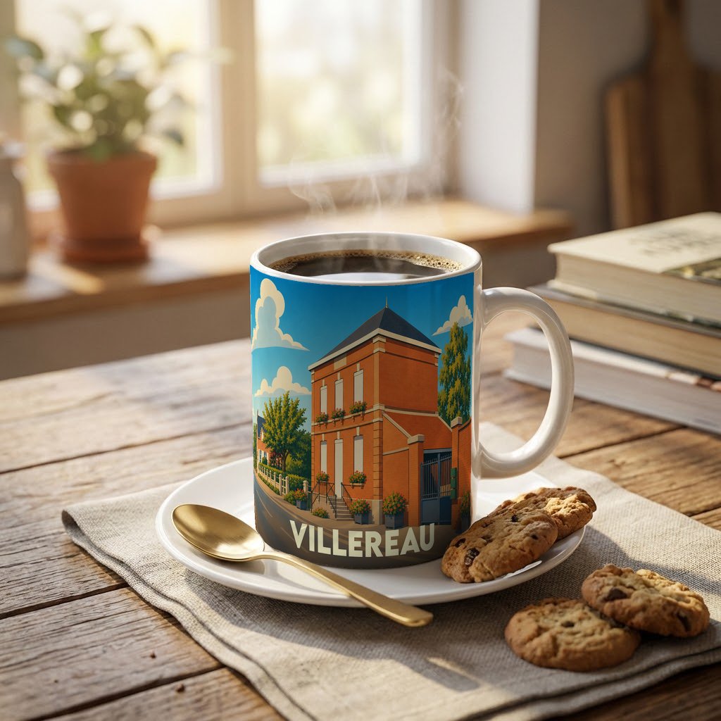Mug souvenir de la ville de Villereau avec une illustration stylisée d'un bâtiment en briques rouges.