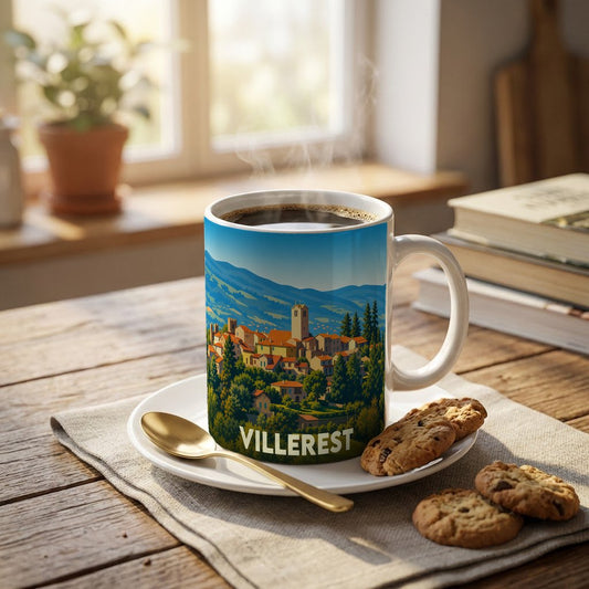 Mug souvenir de la ville de Villerest orné d'une illustration stylisée du village médiéval et de ses paysages.