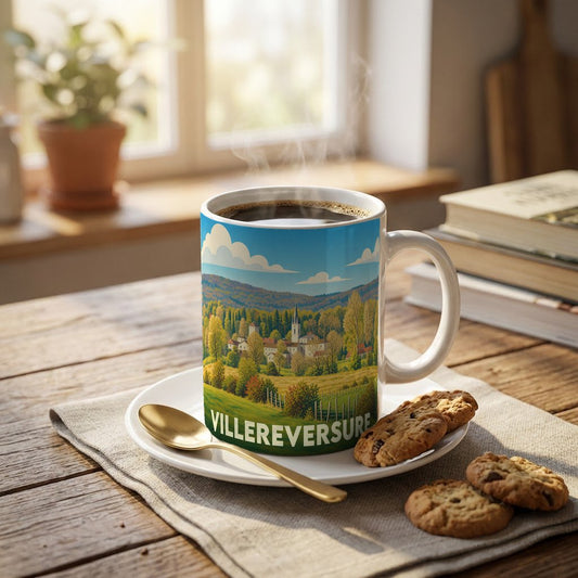 Mug souvenir de la ville de Villereversure orné d'une illustration paysagère stylisée.