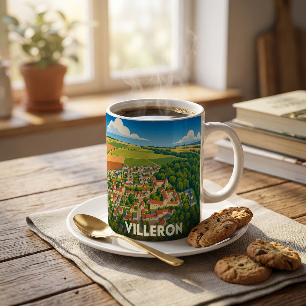 Mug souvenir de la ville de Villeron avec une illustration stylisée d'un paysage urbain et rural.
