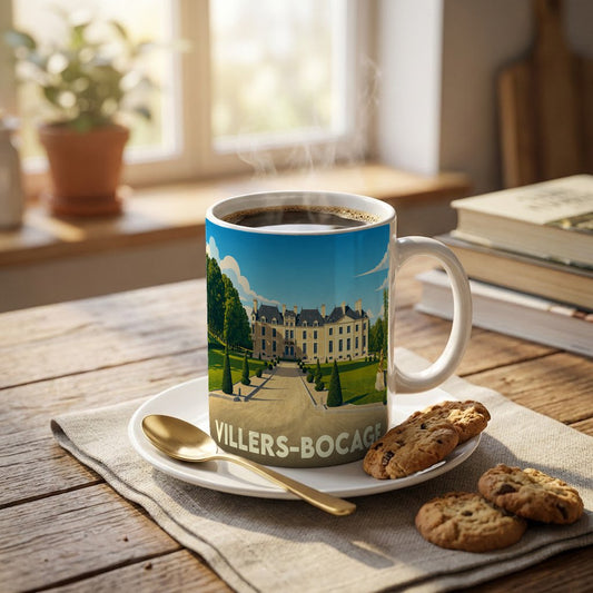 Mug souvenir de la ville de Villers-Bocage illustré d'un château majestueux dans un style vintage.