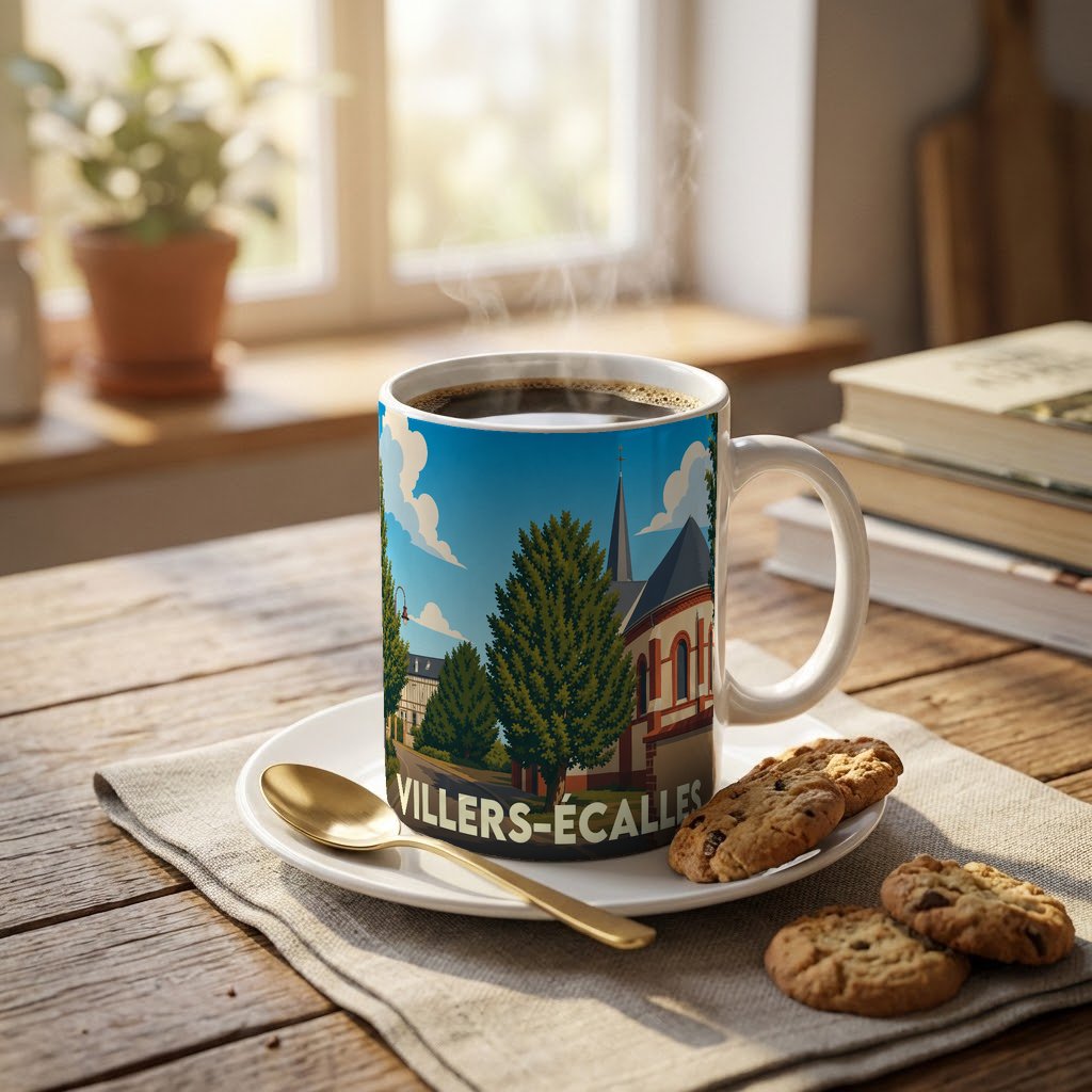 Mug souvenir de la ville de Villers-Écalles avec une illustration stylisée.