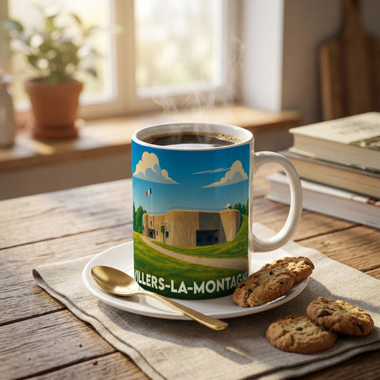 Mug souvenir de la ville de Villers-la-Montagne avec une illustration stylisée d'un fort.