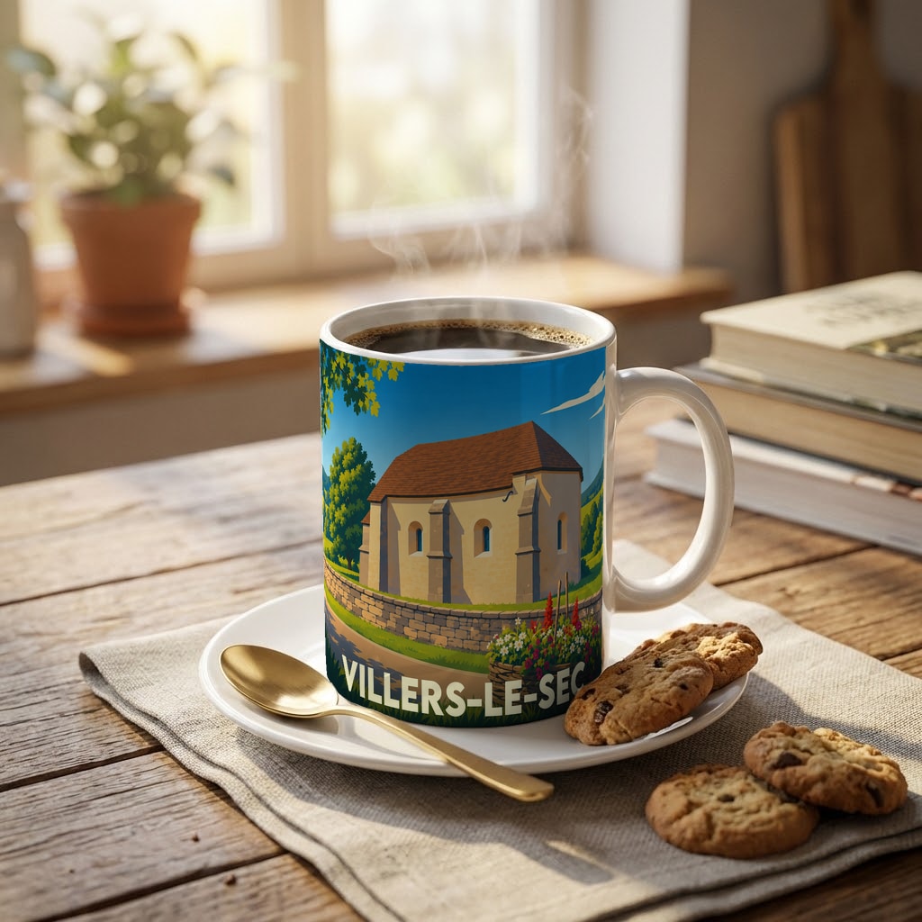 Mug souvenir de la ville de Villers-le-Sec avec une illustration stylisée de son église.