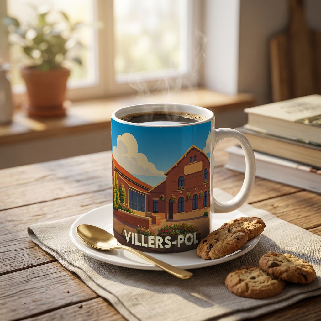Mug souvenir de la ville de Villers-Pol avec une illustration stylisée.